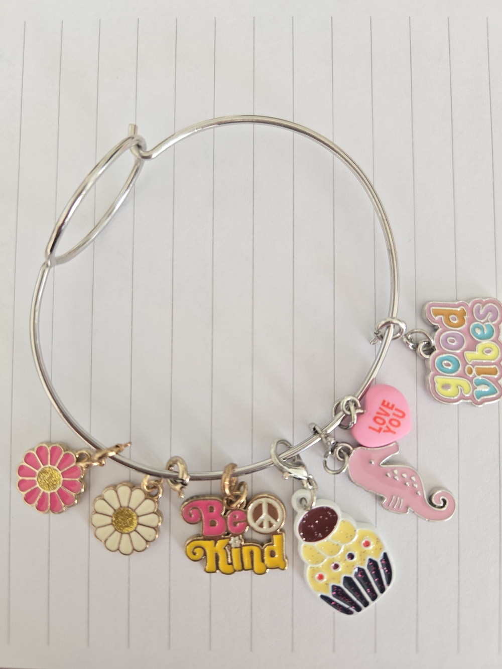 🌈 $5 Add OnKids Silver Charm Bracelet with 7 Pink, Yellow & White Enamel Charms
